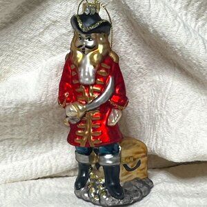 Pirate Buccaneer w/Sword Treasure Chest Glitter Christmas Glass Ornament 2"x5"